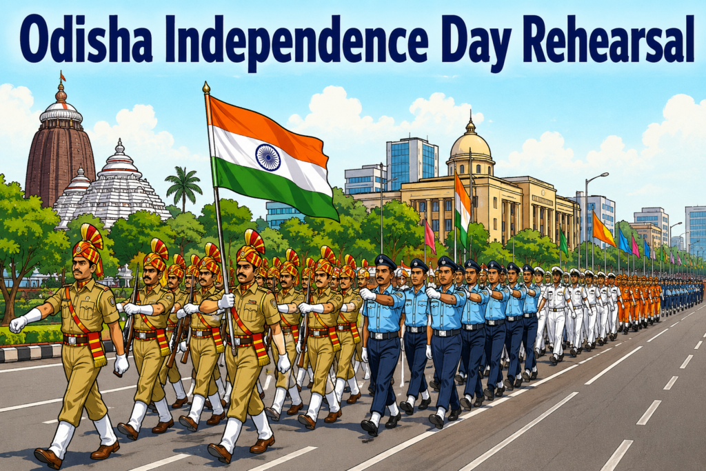 Full-dress rehearsal for Odisha Independence Day at Gandhi Marg in Bhubaneswar