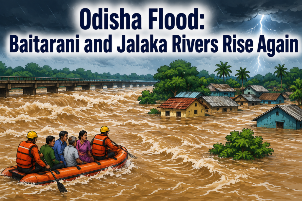 Floodwaters rising along the Baitarani and Jalaka rivers in Odisha
