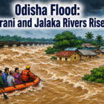 Floodwaters rising along the Baitarani and Jalaka rivers in Odisha