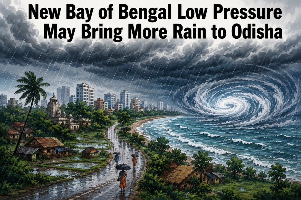 Dark monsoon clouds over Odisha as a new low-pressure system develops over the Bay of Bengal
