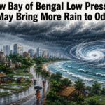 Dark monsoon clouds over Odisha as a new low-pressure system develops over the Bay of Bengal