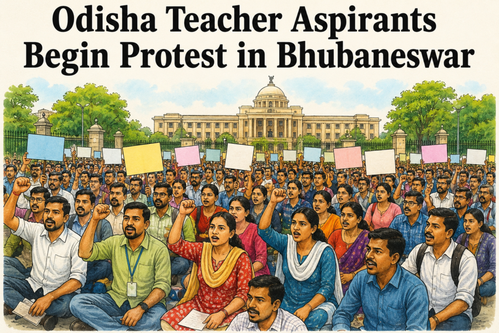Teacher aspirants protesting at Lower PMG in Bhubaneswar over vacant posts in Odisha schools
