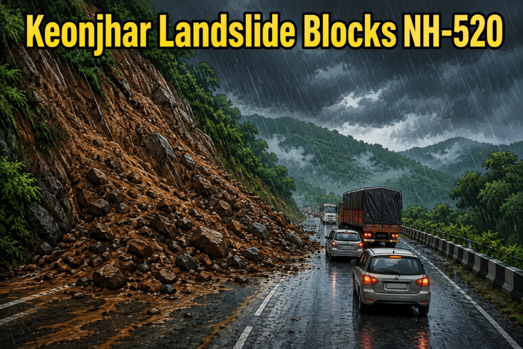 Landslide debris covering part of NH-520 at Barabank Ghati in Keonjhar district after heavy rainfall