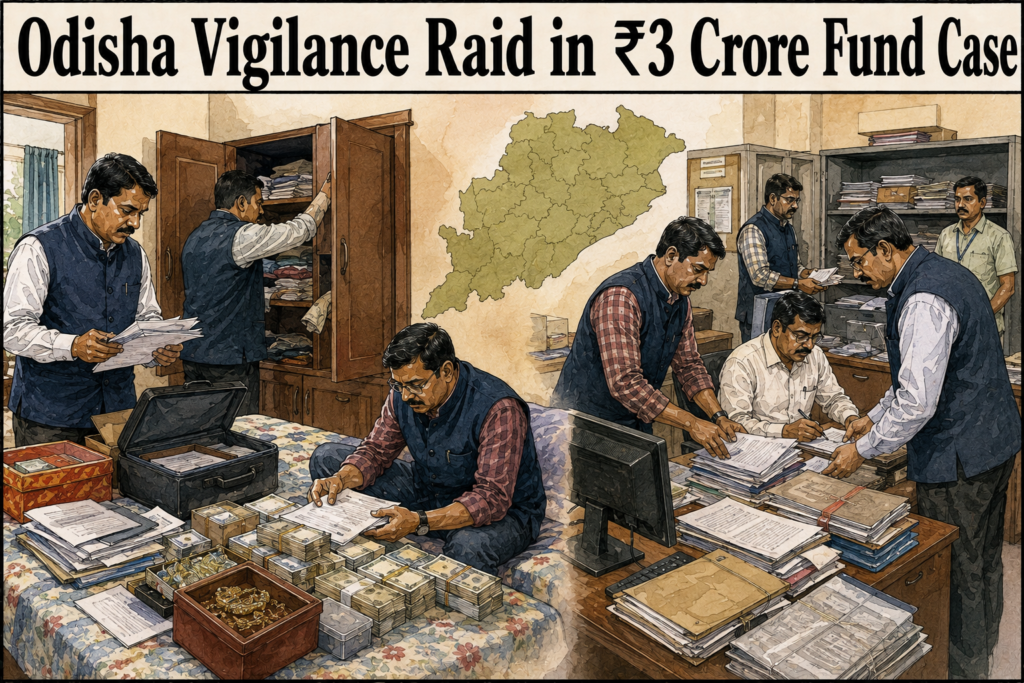 Odisha Vigilance officials conducting a raid in a ₹3 crore government fund misappropriation case