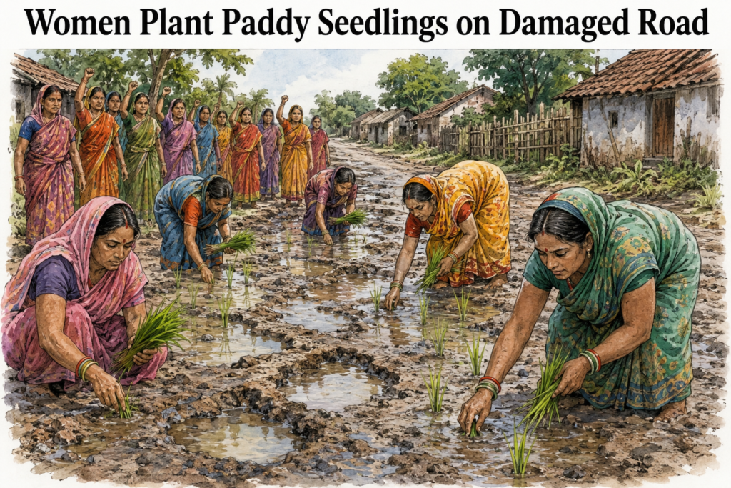 Women planting paddy seedlings on a damaged muddy road during a protest in Jagatipal village, Odisha
