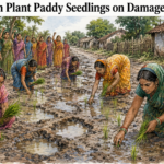 Women planting paddy seedlings on a damaged muddy road during a protest in Jagatipal village, Odisha