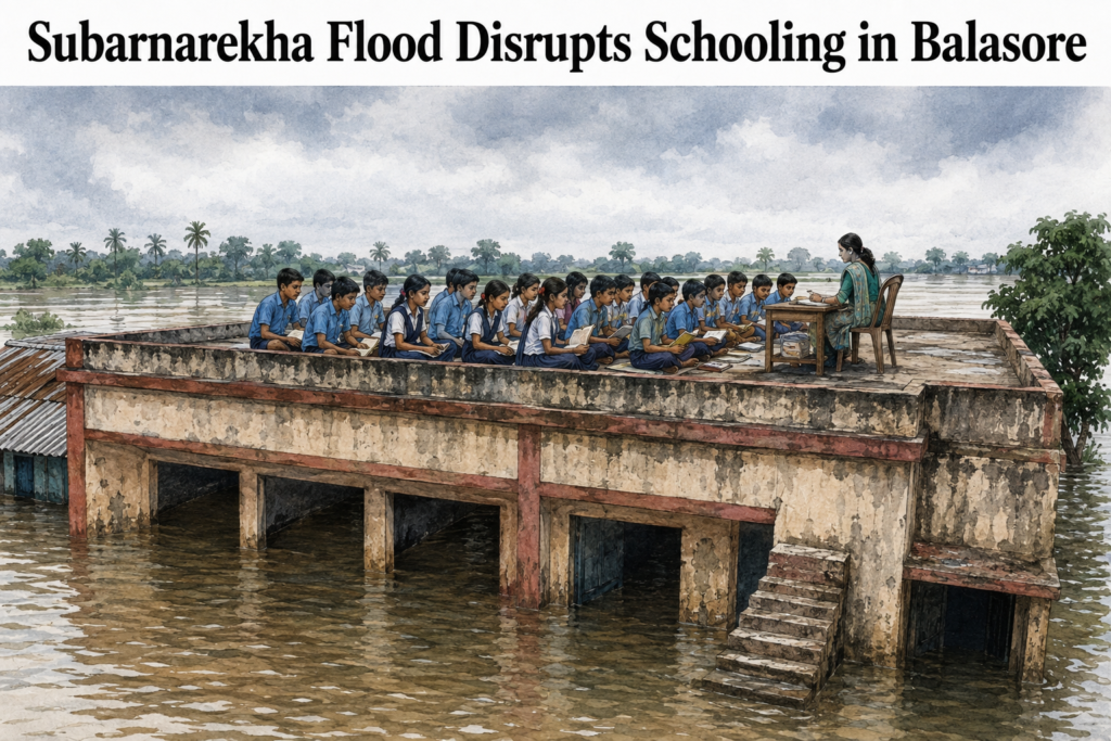 Students attending classes in a rooftop room after Subarnarekha flood submerged their school in Bhograi, Balasore