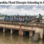 Students attending classes in a rooftop room after Subarnarekha flood submerged their school in Bhograi, Balasore