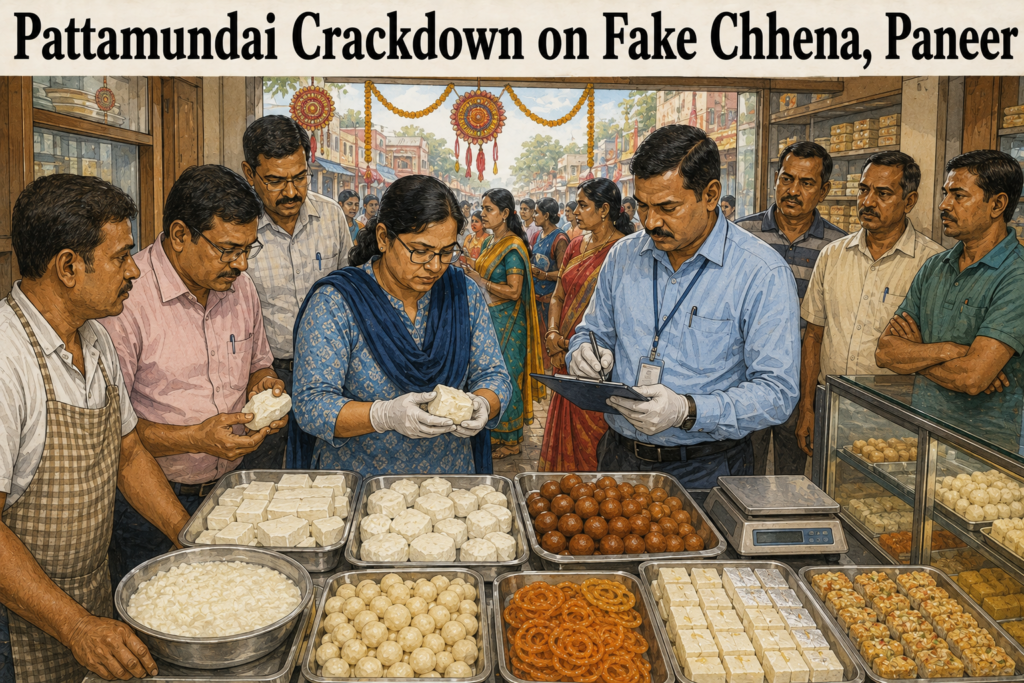 Food safety officials inspect sweets and food products during a crackdown in Pattamundai ahead of Rakhi Purnima