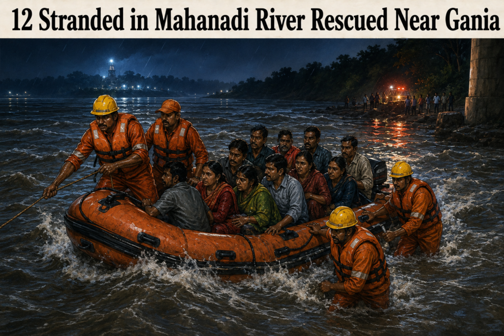 Fire services personnel rescuing 12 stranded people from the Mahanadi River near Sidhmala in Nayagarh