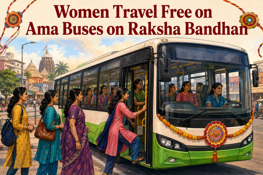 Women travelling on an Ama Bus during Raksha Bandhan in Odisha