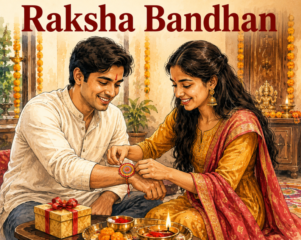 Brother and sister celebrating Raksha Bandhan as sister ties rakhi on brother’s wrist