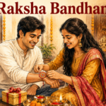 Brother and sister celebrating Raksha Bandhan as sister ties rakhi on brother’s wrist