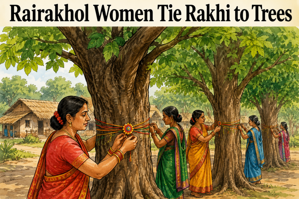 Women tying rakhi to trees during Raksha Bandhan in Lemti Dadar village of Rairakhol