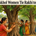 Women tying rakhi to trees during Raksha Bandhan in Lemti Dadar village of Rairakhol