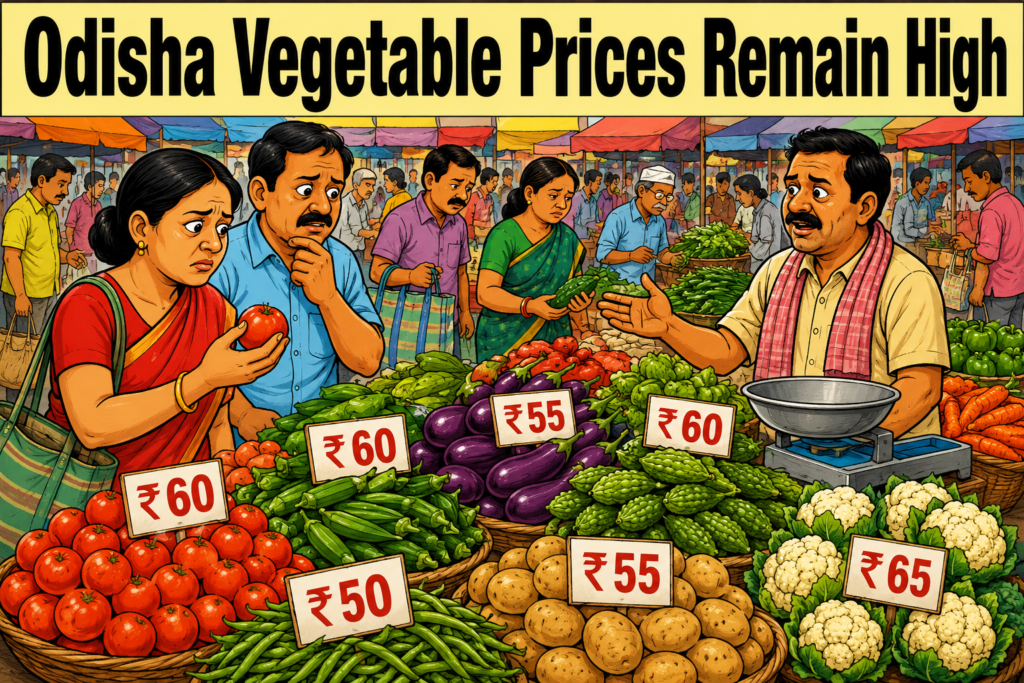 Customers buying vegetables at a market in Odisha amid rising prices.