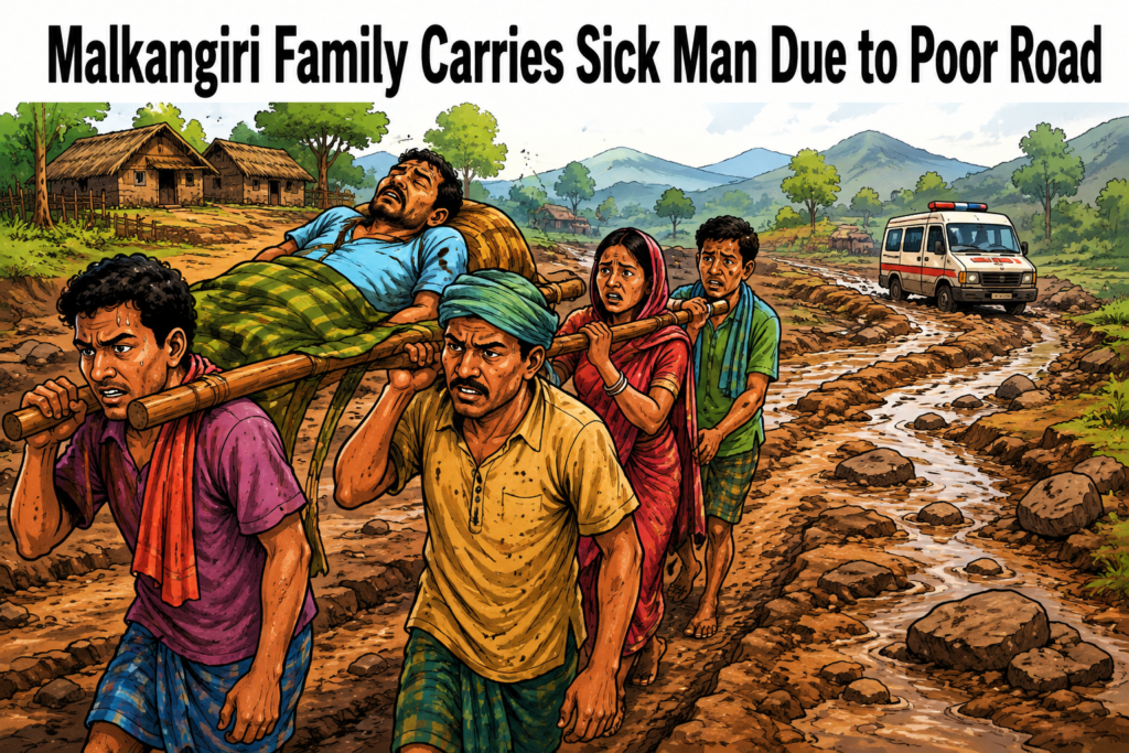Family carrying an ill man on their shoulders in a village of Malkangiri after an ambulance could not reach due to poor road conditions.