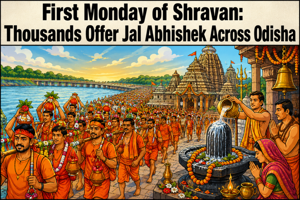 Devotees offering holy water to Lord Shiva on the first Monday of Shravan in Odisha.