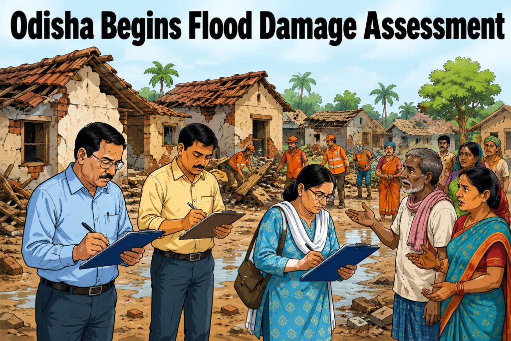 Revenue and Agriculture officials assessing flood damage in Odisha after floodwaters receded.