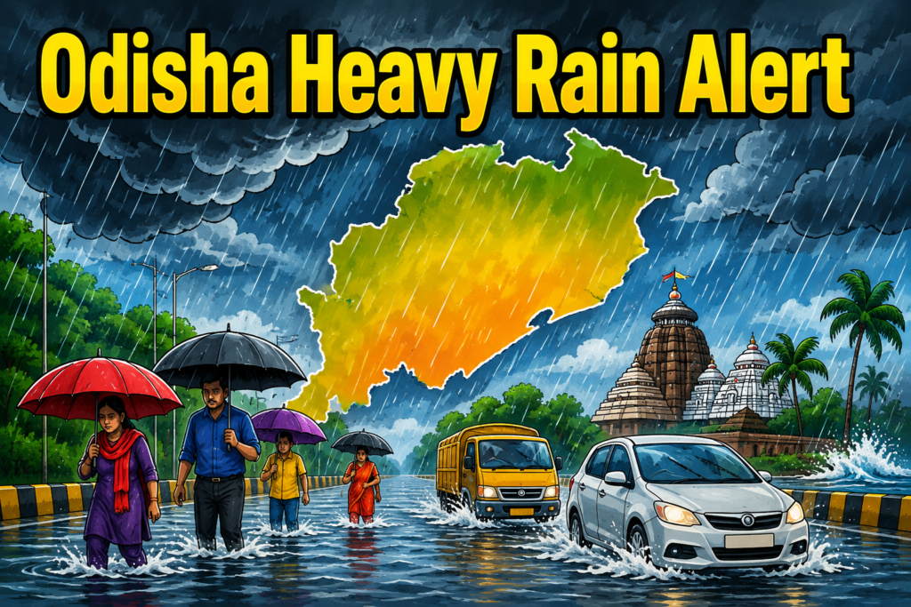 Dark rain clouds over Odisha as heavy rainfall warning is issued for multiple districts.