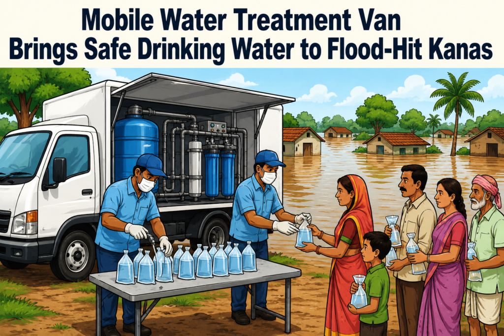 Mobile water treatment van distributing safe drinking water to flood-affected residents in Kanas Block of Puri district