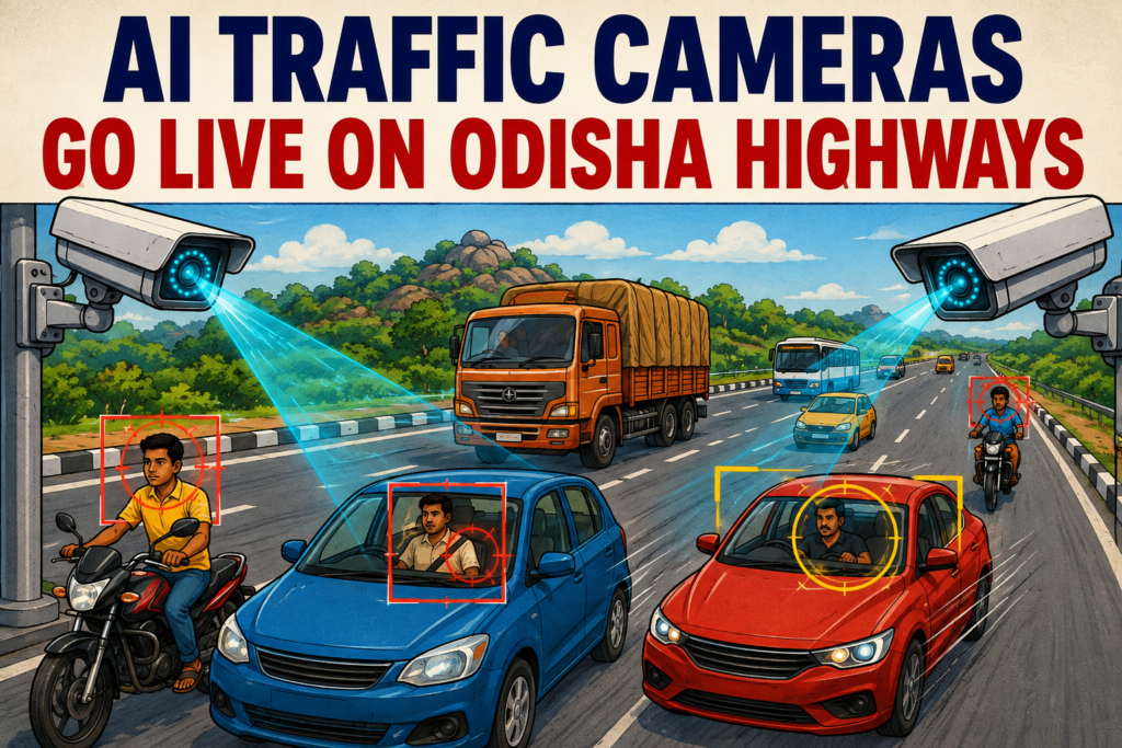 AI-powered traffic enforcement cameras installed on Odisha National Highway for road safety monitoring.
