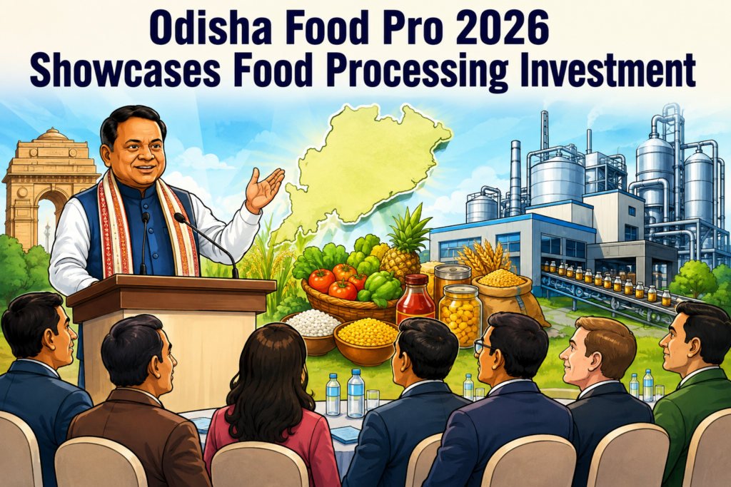 Chief Minister Mohan Charan Majhi at Odisha Food Pro 2026 investment promotion event in New Delhi