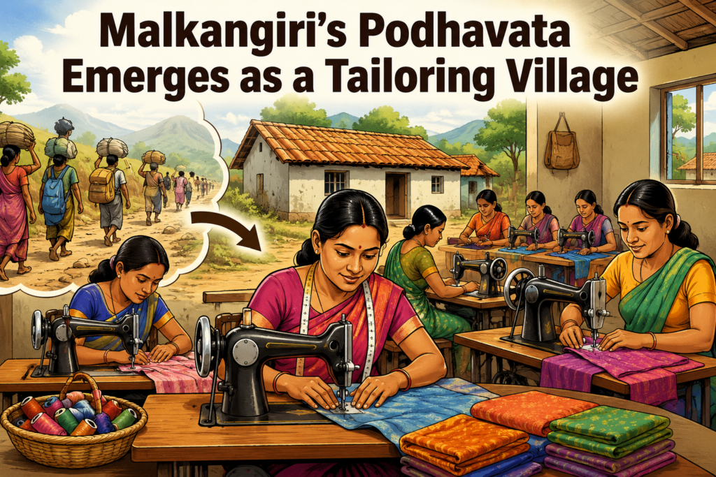 Women working on sewing machines in Podhavata village of Malkangiri