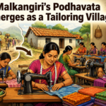 Women working on sewing machines in Podhavata village of Malkangiri