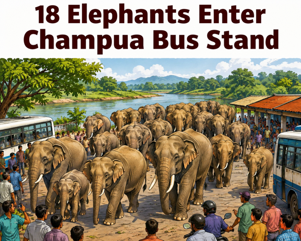 Herd of 18 elephants near Champua bus stand in Odisha