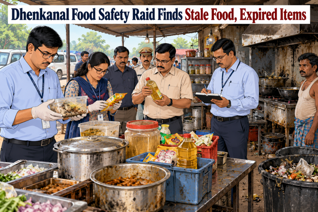 Food Safety Department officials inspect food items during a raid at a hotel or food shop in Dhenkanal