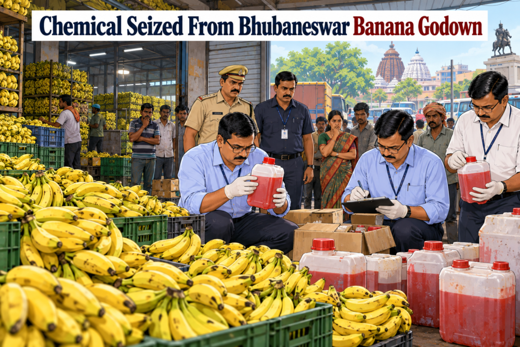 Red-coloured chemical seized from a banana godown near Rajmahal Square in Bhubaneswar