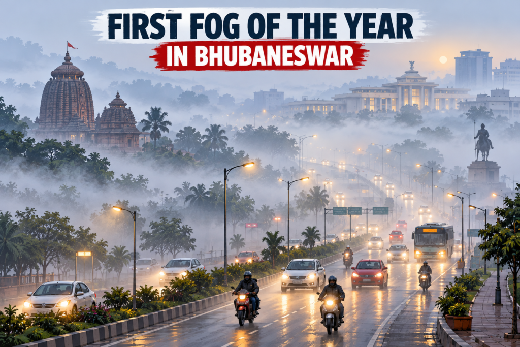 Thick fog covers roads and buildings in Bhubaneswar after Cyclone Arnab