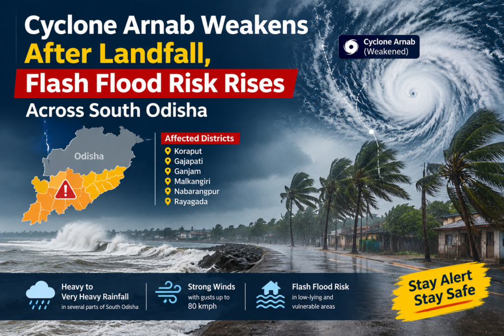 Cyclone Arnab Weakens After Landfall, Flash Flood Risk Rises Across South Odisha