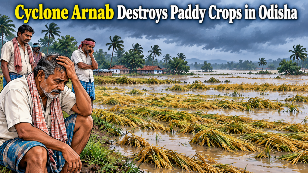Floodwater submerges ready-to-harvest paddy crops in Binika following Cyclone Arnab, leaving Odisha farmers worried.