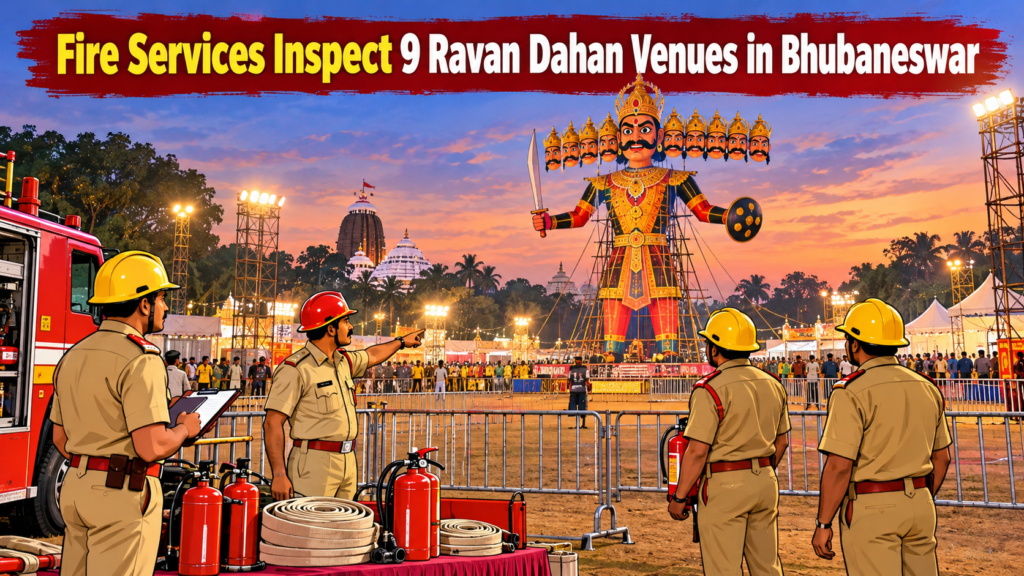 Fire Services Department inspecting a Ravan Dahan venue in Bhubaneswar ahead of Dussehra celebrations.