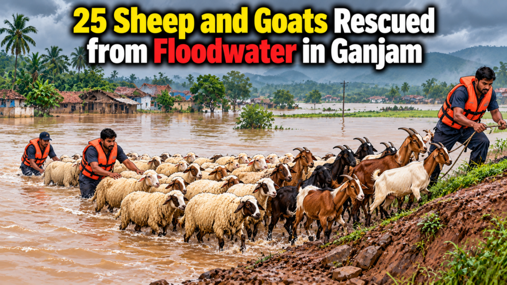 Rescue of 18 sheep and 7 goats from floodwater in Amrutulu Gram Panchayat, Sorada block, Ganjam district, Odisha.