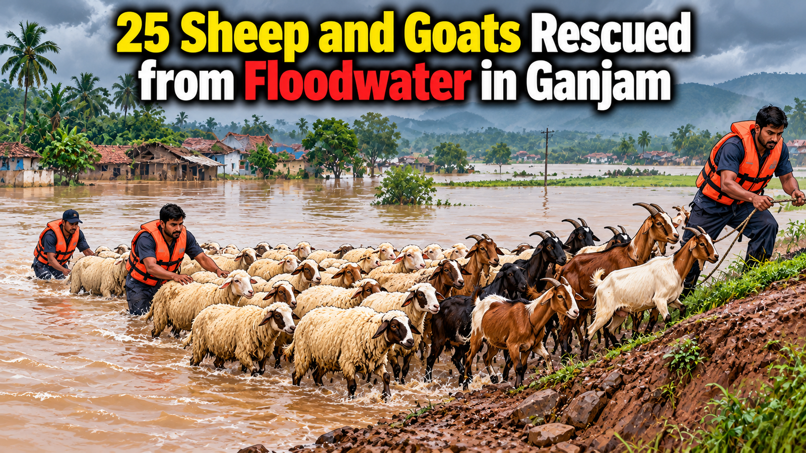 Rescue of 18 sheep and 7 goats from floodwater in Amrutulu Gram Panchayat, Sorada block, Ganjam district, Odisha.