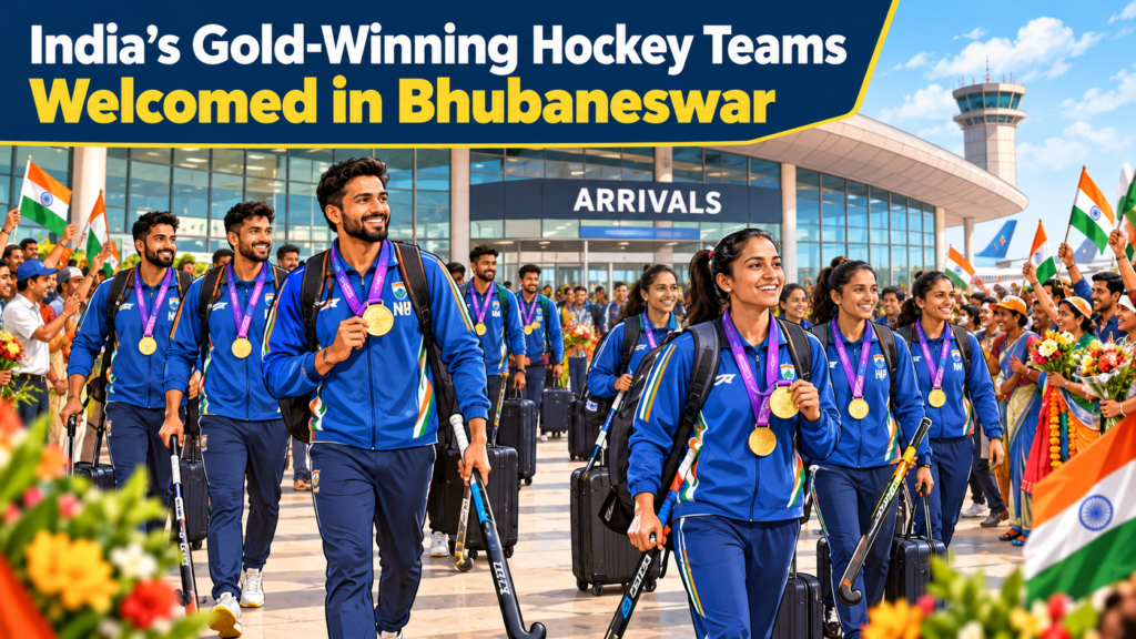 India’s men’s and women’s Asian Games gold-winning hockey teams arrive in Bhubaneswar to a grand welcome.