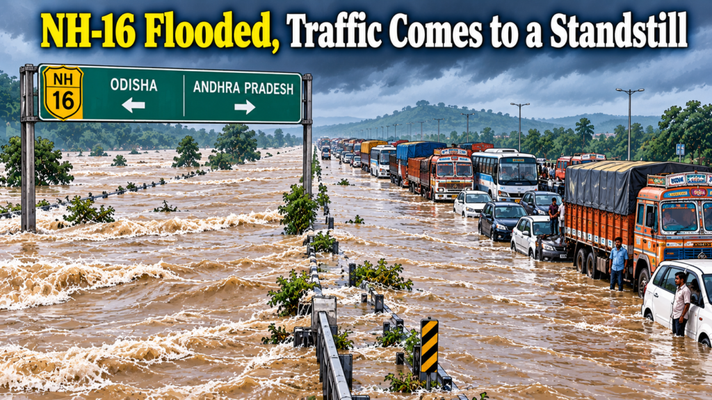 Floodwater from the overflowing Bahuda River covers NH-16 near the Odisha-Andhra Pradesh border, disrupting traffic.