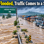 Floodwater from the overflowing Bahuda River covers NH-16 near the Odisha-Andhra Pradesh border, disrupting traffic.