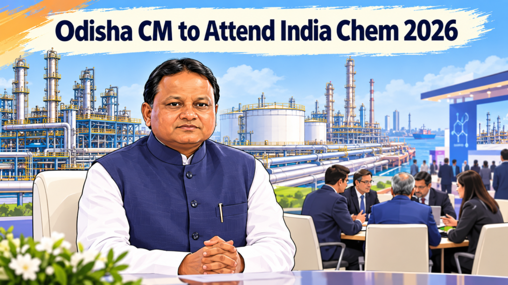 Cartoon illustration of Odisha Chief Minister attending India Chem 2026 in Mumbai for investment outreach