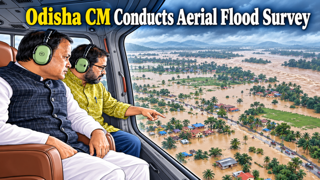 Chief Minister Mohan Charan Majhi and the Revenue Minister assess flood-affected areas through an aerial survey.