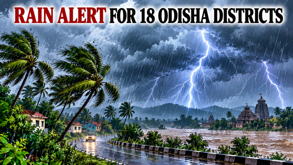 Odisha weather alert showing dark rain clouds, lightning and rainfall over the state's coastal and inland districts