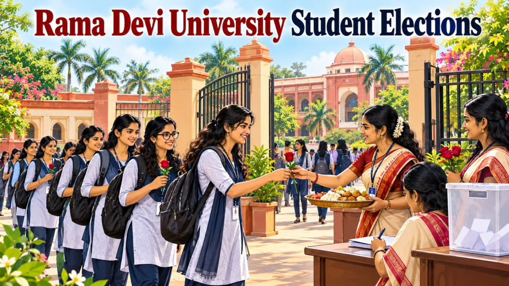 Female students welcomed with roses and bhog during student union elections at Rama Devi Women’s University in Bhubaneswar.