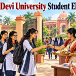 Female students welcomed with roses and bhog during student union elections at Rama Devi Women’s University in Bhubaneswar.